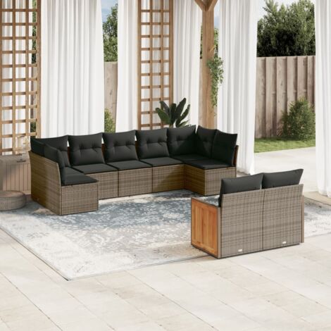 Ensemble de salon de jardin en résine tressée beige avec 10 coussins – Canapés modulaires, table en acacia et coussins lavables (1/5)