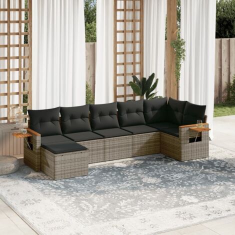 [Ensemble de Salon de Jardin] Salon 7 Pièces Gris Foncé en Résine Tressée avec Coussins Amovibles Acacia, [L-Shape/Modulaire], 6 Places (1/5)