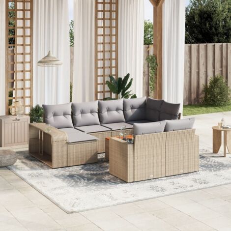 Ensemble Salon de Jardin 11 Pièces en Résine Tressée Beige avec Coussins Crème - Modulaire, Table Acacia, Housses Lavables (1/5)