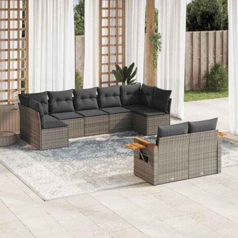 Salon de Jardin Modulaire 10 Places en Résine Tressée Beige avec Coussins Gris, Table Acacia et Accoudoirs à Plateau Intégré (1/5)