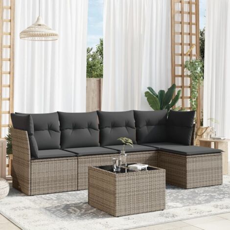 Canapé d'extérieur 6 places en résine tressée grise avec coussins, verre trempé, modulable (1/3)