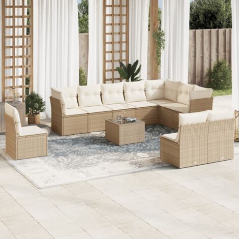 Ensemble Salon Jardin 7+3 Places Résine Tressée Beige Coussins Gris Clair Modulable (1/3)