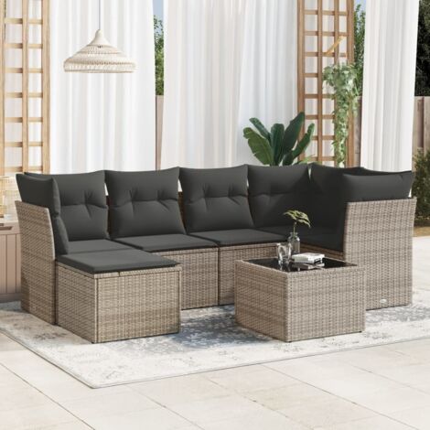 Ensemble Salon de Jardin 6 Pièces Résine Tressée Gris avec Coussins et Tabouret (1/3)