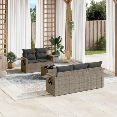 Salon de Jardin 5 Places Noir Résine Tressée avec Coussins Crème et Table en Verre Trempé Modulaire (1/5)