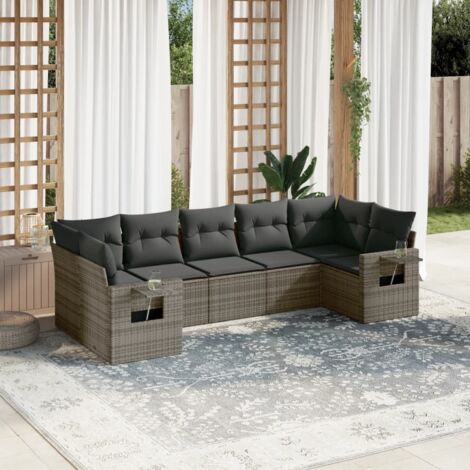 Set Jardin Exterieur 6 Places en Résine Tressée Gris avec Coussins et Tablettes Intégrées (1/5)