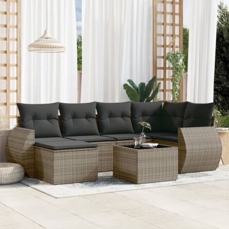 Set de salon de jardin 6 places en résine tressée gris avec coussins assortis - Canapé d'angle, fauteuils et repose-pieds modulables (1/5)