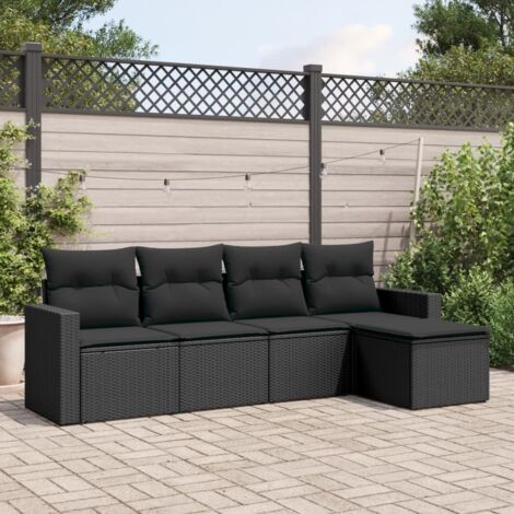 [Salon de jardin 5 places] - Set 5 pièces noir résine tressée avec table et coussins confortables (crème) (1/5)