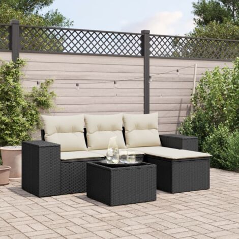 Salon de Jardin 5 Pièces Noir Résine Tressée avec Coussins, Table Verre Trempé, Canapés Modulaires (1/5)