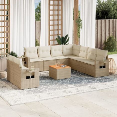 Ensemble de jardin 11 pièces résine tressée beige avec table acacia et coussins gris lavables (1/5)