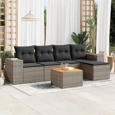 Ensemble de salon de jardin 5 places en résine tressée noire avec coussins, table en bois d'acacia (1/3)