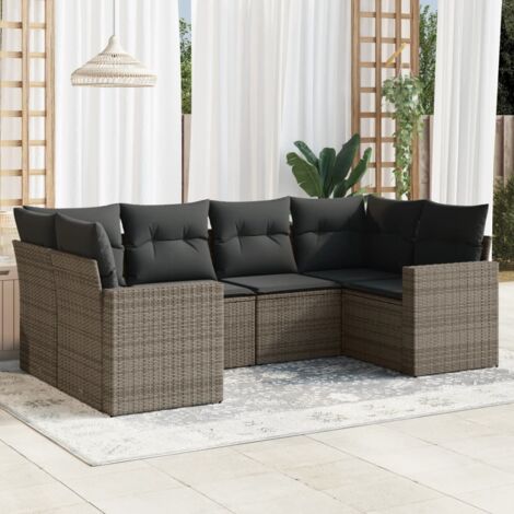 Ensemble salon de jardin 9 pièces en résine tressée grise avec coussins et table en verre trempé, mobilier d'extérieur modulaire design, livraison complète. (1/3)