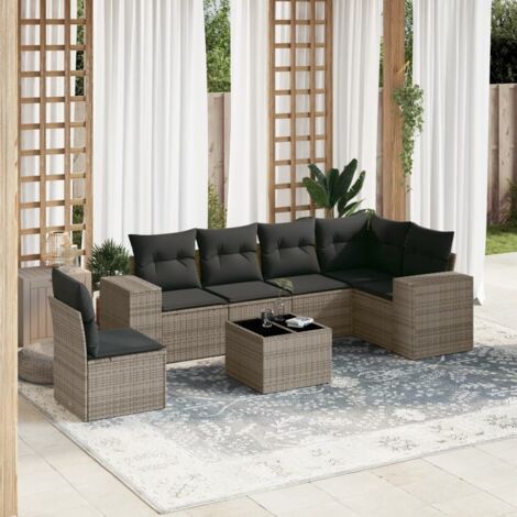 Salon de Jardin 6 Places en Résine Tressée Gris - Canapés d'Angle et Central avec Coussins Amovibles - Idéal pour Terrasse, Patio (1/5)