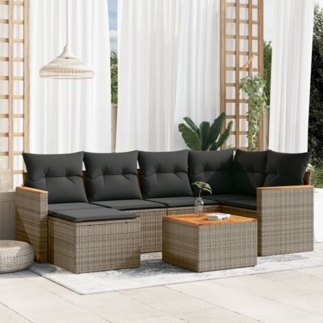 Ensemble Canapés Jardin 6 Places + Repose-Pied + Coussins Gris en Résine Tressée Modulaire Polyrotin et Acier Fauteuils 55x55cm Max. 110kg/siège (1/5)