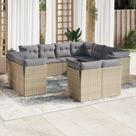 Ensemble Salon Jardin Modulaire 11 Pièces Résine Tressée Beige avec 22 Coussins Détachables, 4 Assises Centrales & 7 D'Angle, 69cm H, Charge 110kg (1/3)