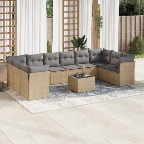Ensemble de salon de jardin 11 pièces en résine tressée beige avec coussins blanc crème, table en verre trempé, modular (1/3)