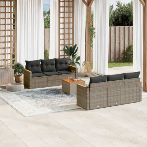 Ensemble Salon de Jardin 6 Places en Résine Tressée Gris avec Coussins et Table Acacia - Espace Détente Extérieur Modulable et Durable - Meuble Jardin Terrasse Patio (1/5)
