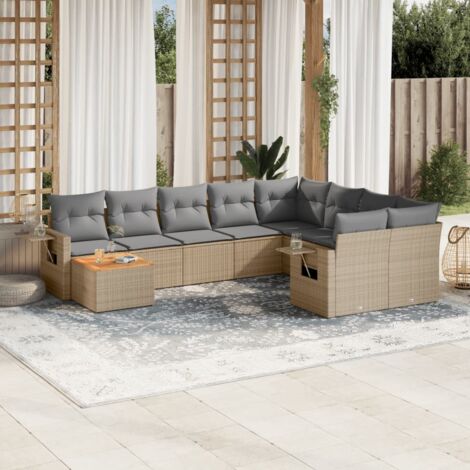 Ensemble de jardin modulaire 10 places en résine tressée beige avec coussins, table en acacia et repose-bras (1/5)