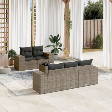 Salon de Jardin 5 Pièces en Résine Tressée Noir avec Coussins Crème - Ensemble Canapé, Fauteuils et Table en Verre Trempé (1/5)