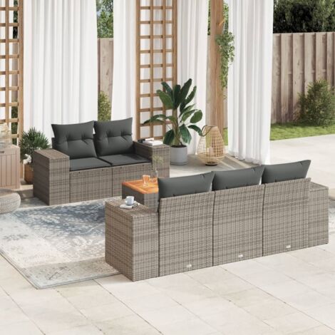 Ensemble Salon de Jardin 5 Pièces Noir Résine Tressée avec Table Acacia et Coussins Blanc Crème (1/3)