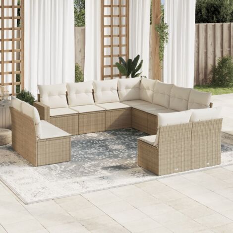 Ensemble canapé de jardin 11 pièces résine tressée beige avec coussins gris et table en verre trempé - Mobilier d'extérieur modulaire (1/3)