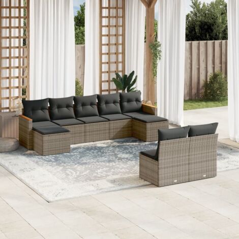 Ensemble de jardin salon 11 pièces résine tressée beige avec table acacia et coussins blanc crème (1/5)