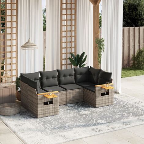 Ensemble de salon de jardin 9 pièces en résine tressée grise avec coussins, table acacia et repose-pied (1/5)