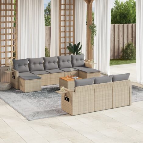 Ensemble de Jardin Modulaire 11 Pièces, Résine Tressée Beige, avec Coussins Blanc Crème et Table Acacia (1/5)