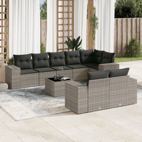 Salon de Jardin 7 Places en Résine Tressée Gris avec Coussins Amovibles - Canapé d'Angle, Sièges Centraux et Accoudoirs (Modulaire, Résistant aux UV) (1/5)