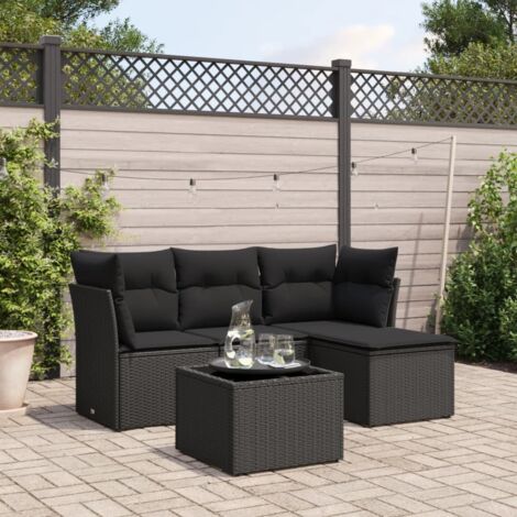 Salon de Jardin 5 Places en Résine Tressée Noir avec Coussins, Table Verre Trempé et Sièges Modulables (1/3)