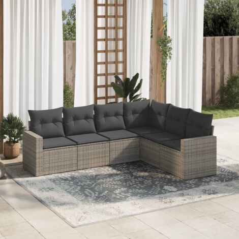 Canapé d'extérieur modulaire 7 places en résine tressée grise avec coussins - Salon de jardin avec table en verre trempé, 6 sièges + 1 table, 110kg/assise, couvertures amovibles (1/3)