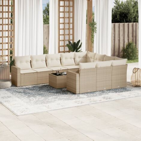 Ensemble salon de jardin modulaire 10 places en résine tressée beige avec coussins gris - 2 fauteuils d'angle + 6 sièges + 2 canapés (1/5)