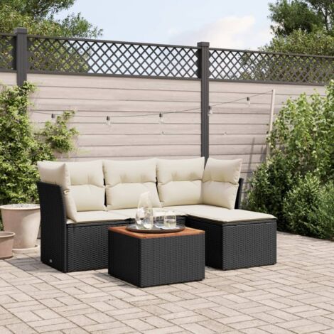 Ensemble Salon de Jardin 5 Places Modulable Noir Résine Tressée + Coussins Confortables, Table Acacia Massif (1/3)
