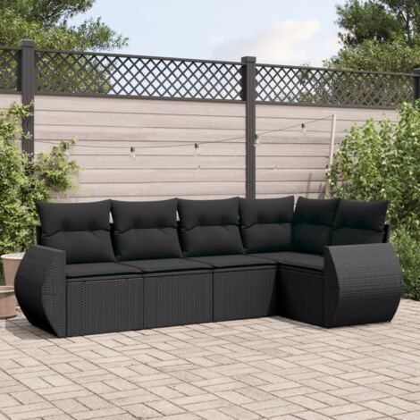 Salon de Jardin 5 Places en Résine Tressée Noir avec Table en Verre et Coussins Crème - Modèle Modulaire, Meuble d'Extérieur Durable (1/5)