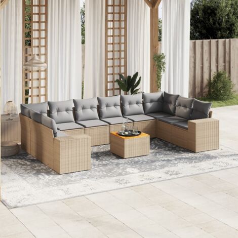 Salon de jardin beige en résine tressée avec 10 coussins gris clair - Ensemble complet 2+5+2+1 pièces pour terrasse et patio (1/5)