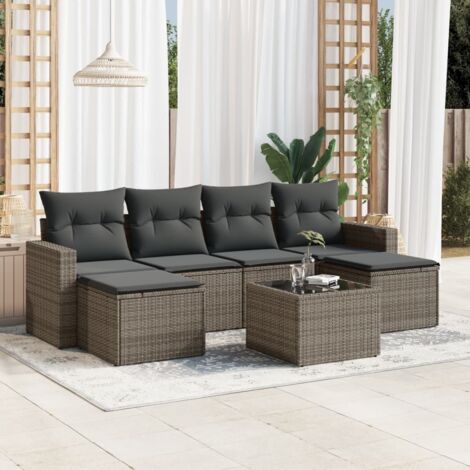 Ensemble salon de jardin en résine tressée grise 6 places avec coussins amovibles - Configuration modulaire 2 sièges d'angle, 2 centraux, 2 tabourets (1/3)