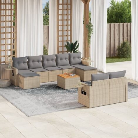 Salon de jardin en résine tressée beige 11 pièces avec coussins, bois d'acacia et structure acier (1/5)