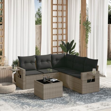 Canapé d'extérieur 5 places en résine tressée noire avec coussins crème et tables d'appoint intégrées (1/5)