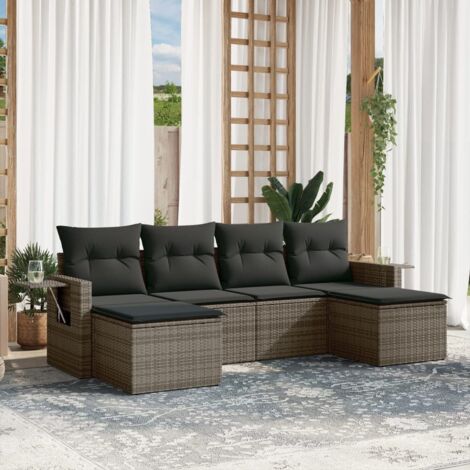 Salon de jardin en résine tressée gris 7 places avec coussins lavables - Ensemble modulaire canapé, fauteuil, ottoman et table d'appoint (1/5)