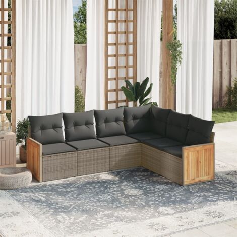 Ensemble Salon de Jardin 7 Places Modulable en Résine Tressée Gris avec Coussins et Table en Acacia (1/5)