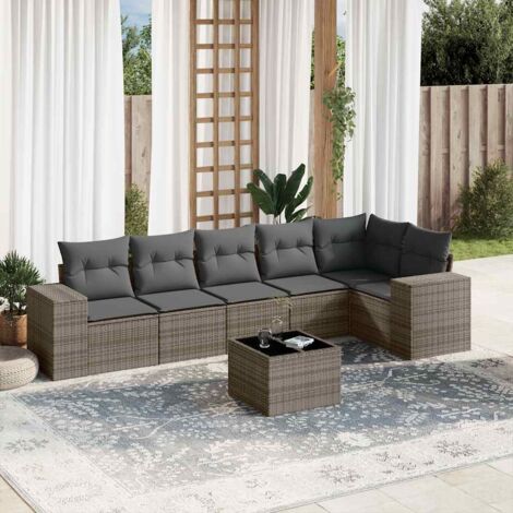 Ensemble de salon jardin 6 places résine tressée gris avec coussins amovibles, modulable, 7 pièces meubles et 13 coussins (1/5)