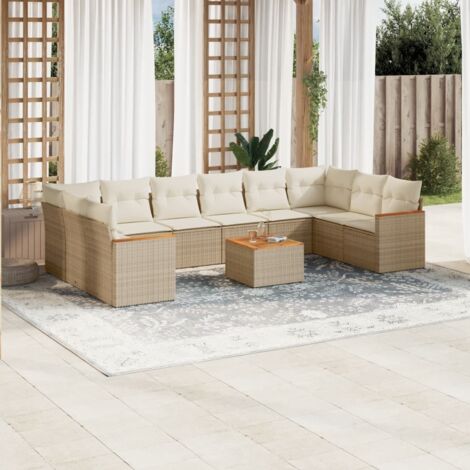 Ensemble de mobilier jardin 2 places d'angle + 6 sièges centraux + 2 canapés avec accoudoirs en résine tressée beige (1/5)