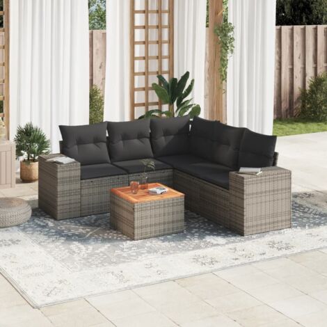 Ensemble Salon de Jardin 6 pièces Tressé Résine + Coussins Gris, Table Acacia (1/3)