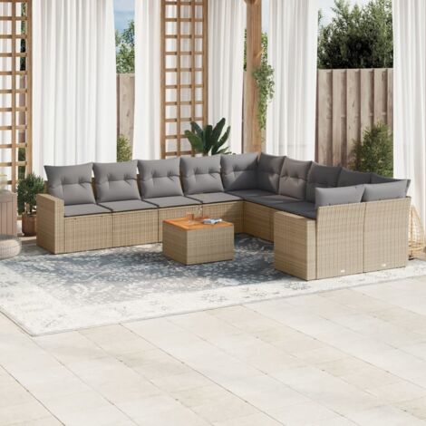Ensemble Salon Jardin 11 Pièces Résine Tressée Beige Table Acacia + 10 Coussins Lavables (1/3)