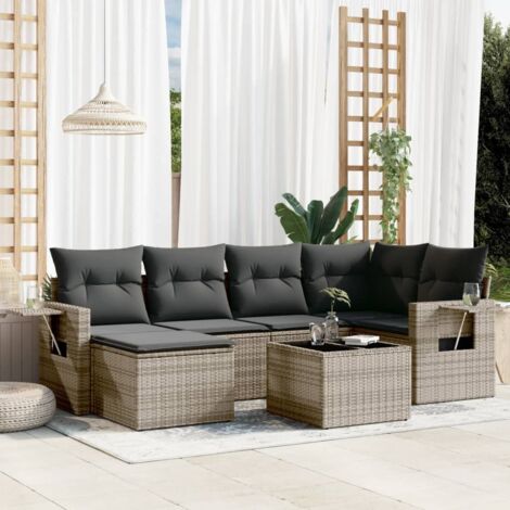 Ensemble Salon Jardin 6 Places Résine Tressée Gris avec Coussins et Repose-Pieds (1/5)