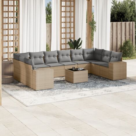 Ensemble modulable salon de jardin 10 places en résine tressée beige avec coussins gris, 10 pièces, canapé d'angle et central, mobilier extérieur confortable (1/5)