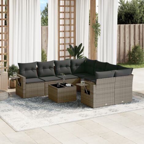 Canapé de Jardin 9 Places + Table en Résine Tressée Gris avec Coussins Amovibles (1/5)