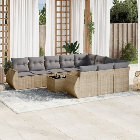 Salon de Jardin Modulaire 11 Pièces en Résine Tressée Beige avec Coussins Crème, Table Verre Trempé 55x55cm (1/5)
