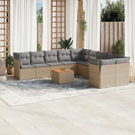 Ensemble Canapé de Jardin 11 Pièces en Résine Tressée Beige avec Coussins Crème et Table en Acacia (1/3)