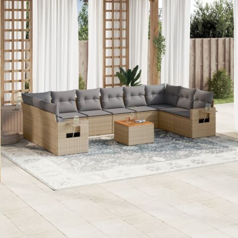 Ensemble salon jardin 11 pièces résine tressée beige avec coussins crème, table acacia et repose-bras avec tablette (1/5)