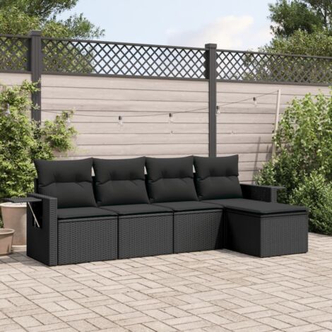 Ensemble de jardin 5 pièces noir résine tressée avec table d'appoint pliable, housses lavables et rangement intégré (1/3)